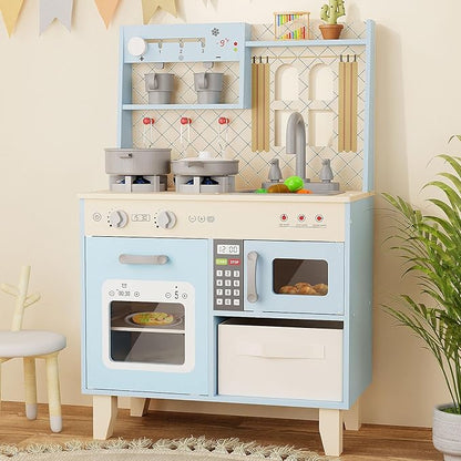 BIERUM Play Kitchen with Realistic Lights & Sounds, Wooden Kitchen Playset Chef Pretend Play Set for Toddlers, Toy Kitchen with 26 Pcs Toy Food & Cookware Accessories, Gift for Ages 3+