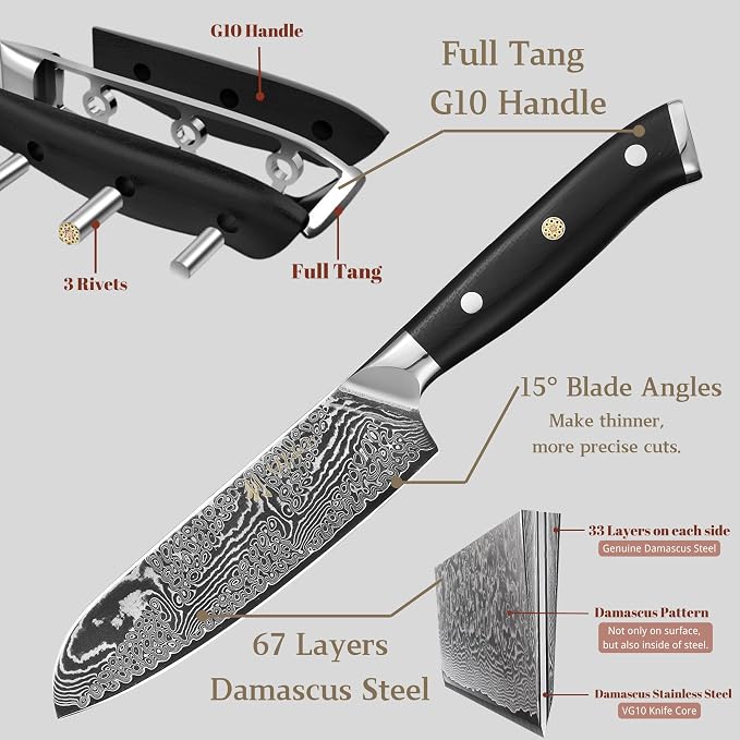 Wakoli Nitoko 2-Piece Kitchen Knife Set – Professional Damascus Chef Knives | 67-Layer VG10 Core Steel | Ergonomic G10 Handle | Santoku Knife & Small Santoku in Wooden Gift Box