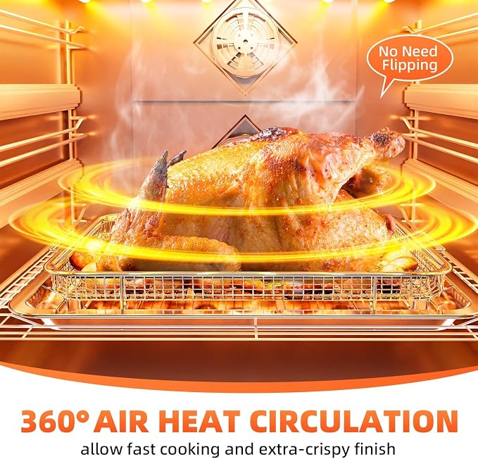 Air Fryer Basket for Oven, 2 Set Oven Air Fryer Basket and Tray with Cooking Guide&60 PCS Parchment Papers,DEGOVIN Crisper Tray Non-stick Stainless Steel Air Fry Pans for Convection Oven(Large+Medium)