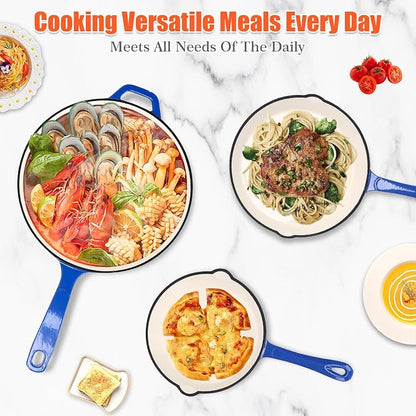 Nonstick Enameled Cast Iron Cookware - 3-Piece Skillet Set (8", 9.5" & 11"), Healthy Non-Toxic, PFOA PFAS PTFE Free, All Stovetops Compatible, Blue