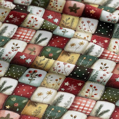 Patchwork Cotton Fabric Panel 61 x 36.6 Inches, Christmas Botanical Squares Quilt Style, 100% Cotton 140 GSM, Sewing Quilting Craft Fabric