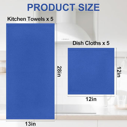 Homaxy 100% Cotton Kitchen Towels and Dishcloths Set, 12 x 12 Inches and 13 x 28 Inches, Set of 10 Bulk Kitchen Towels Set, Ultra Soft Absorbent Dish Cloths for Washing Dishes, Blueberry