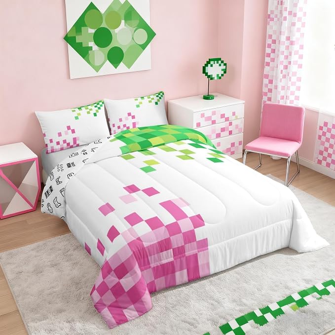 Manfei Pixelated Style Comforter Set Queen Size,Gamepad Miners Video Games Duvet Insert Adults Bedroom Decor,Miners Lattice Bedding Set,Pink Green Ultra Soft Microfiber Inner Fill 3Pcs Bedding