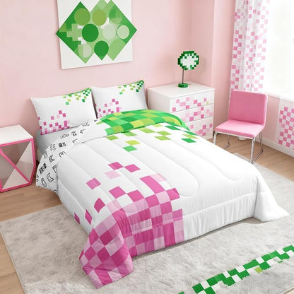 Manfei Pixelated Style Comforter Set Queen Size,Gamepad Miners Video Games Duvet Insert Adults Bedroom Decor,Miners Lattice Bedding Set,Pink Green Ultra Soft Microfiber Inner Fill 3Pcs Bedding