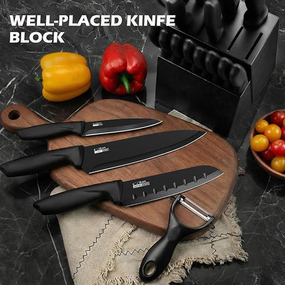Knife Set, KroWallu 20 Pieces Knife Sets for Kitchen with Block, Dishwasher Safe Kitchen Knife Set with Built-in Sharpener, German Stainless Steel Black Knife Block Set