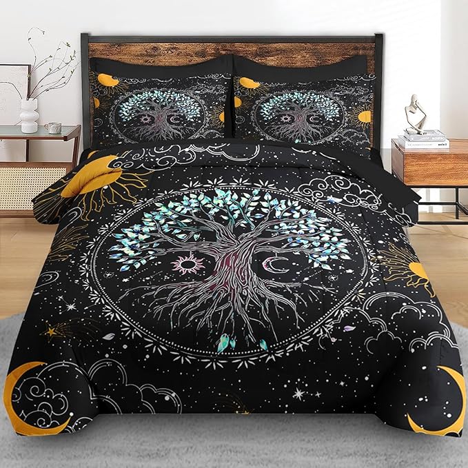 Pamnest Comforter Set King Size, Trippy Hippie Tree of Life 7 Pcs Bedding for Kids and Adults, Sun and Moon Bohemian Bed Sheet Sets with Fitted Sheet 2 Pillowcase & 2 Sham for Bedroom Bed Decor