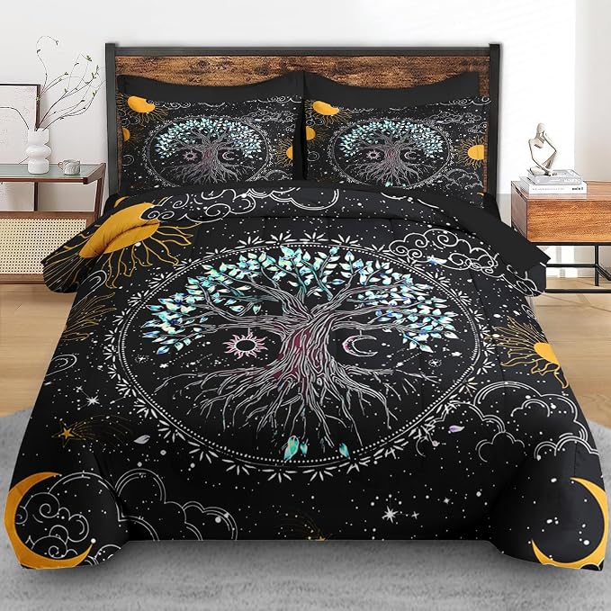 Pamnest Comforter Set Full Size, Trippy Hippie Tree of Life 7 Pcs Bedding for Kids and Adults, Sun and Moon Bohemian Bed Sheet Sets with Fitted Sheet 2 Pillowcase & 2 Sham for Bedroom Bed Decor