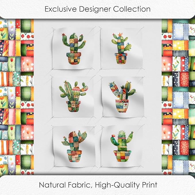 Patchwork Cactus Cotton Fabric Panel – Six 10×10 inch Designs + Bonus 29.5×19.6 inch Patchwork Sheet, 100% Turkish Cotton 140 GSM