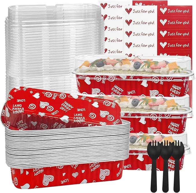 100Pack Mother's Day Mini Cake Pans with Lids – 6.8 oz Heart-Print Mini Loaf Pan for Baking & Gifting Mini Cakes, Pound Cakes, Brownies (Non-Stick, Romantic Design)