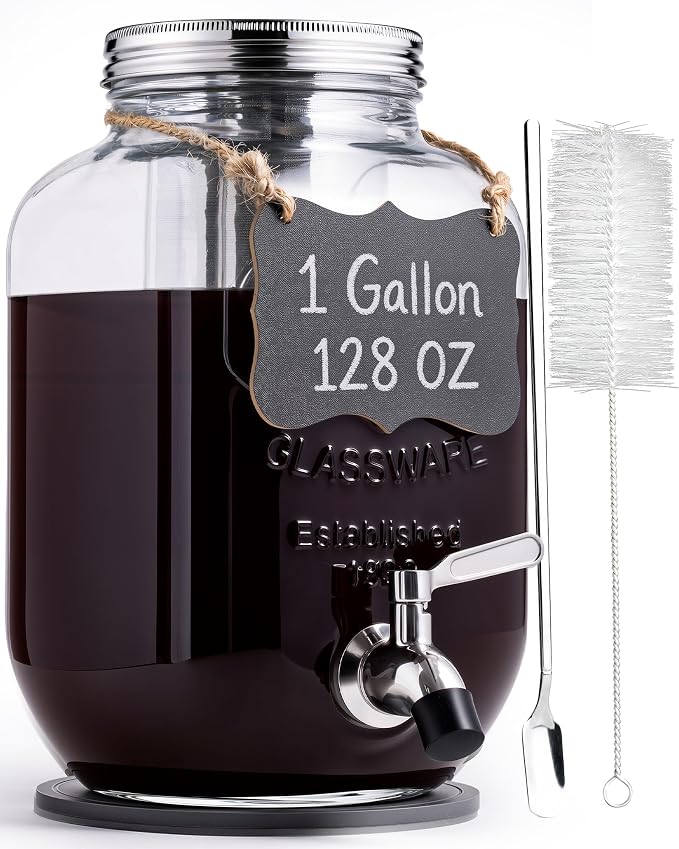 OneDream 1 Gallon Cold Brew Coffee Maker, Glass Cold Brew Pitcher with Stainless Steel Filter and Spigot, Iced Coffee Maker for Fridge with Silicone Vent Lid, Sun Tea Brewer
