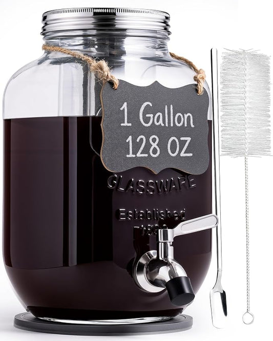 OneDream 1 Gallon Cold Brew Coffee Maker, Glass Cold Brew Pitcher with Stainless Steel Filter and Spigot, Iced Coffee Maker for Fridge with Silicone Vent Lid, Sun Tea Brewer