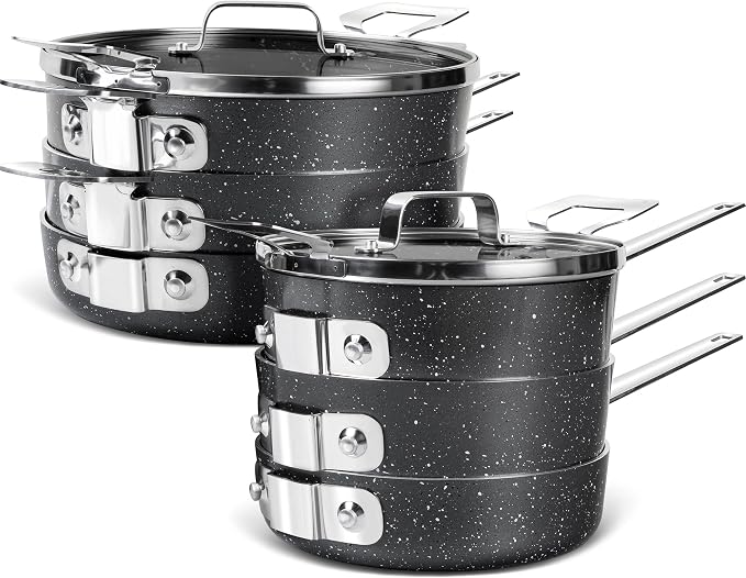 MICHELANGELO Stackable Pots and Pans Set, 10-Piece Nonstick Cookware with Stone Coatings, Space Saving - Gray