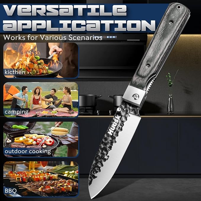Huusk Japanese Folding Santoku Knife - Pocket Chef Knife with Hand Forged Blade - Portable Kitchen Knives for BBQ, Camping and Travel - Gift for Men and Women