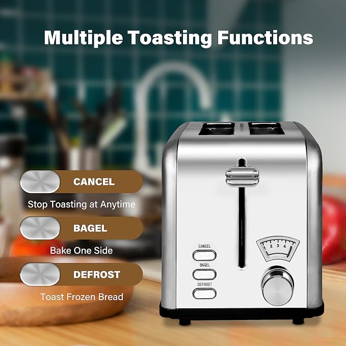 Simple Deluxe Stainless Steel Toaster 2 Slice with 1.5” Wide Slot & Removable Crumb Tray, 5 Shade Options and Bagel/Defrost/Cancel Functions, for Various Bread & Waffle, Retro Silver