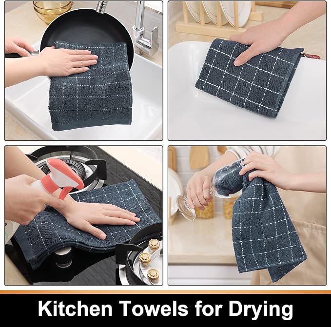 Mordimy 100% Cotton Terry Cloth Kitchen Towels, Super Soft and Absorbent Dish Towels for Drying, Checkered Designed Hand Towels for Kitchen, 16 x 26 Inches, 8 Pack, Grey