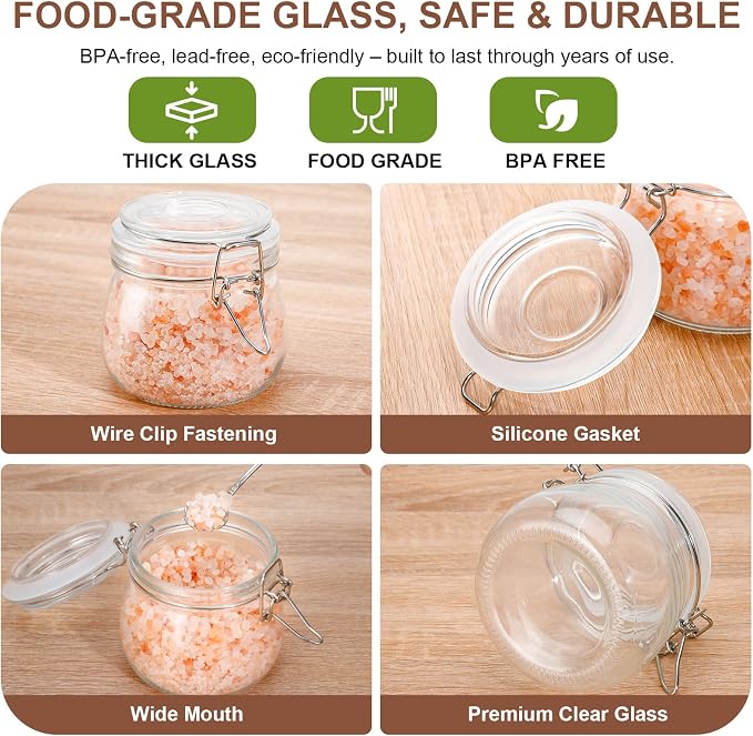 17oz Airtight Glass Jars, 6 Pack Clamp Lid Canisters, Small Food Storage Containers for Spices, Nuts, Snacks, Canning Jar for Jams & Pickling, Pantry Organization