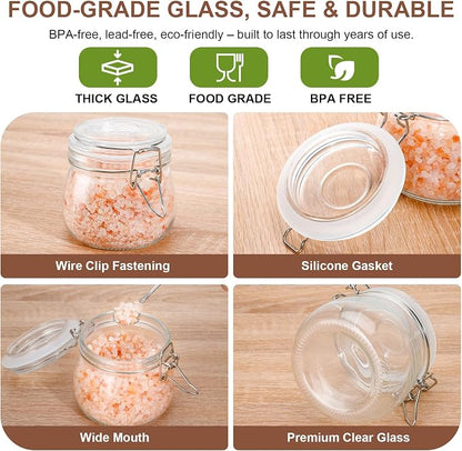 17oz Airtight Glass Jars, 6 Pack Clamp Lid Canisters, Small Food Storage Containers for Spices, Nuts, Snacks, Canning Jar for Jams & Pickling, Pantry Organization