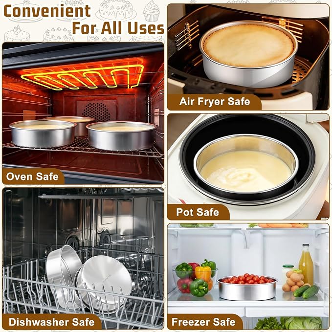 E-far 7 Inch Cake Pan Set of 3, Stainless Steel Round Baking Pans Tins for Layer Birthday Wedding Cakes, Dishwasher & Oven Safe, Healthy & Non-toxic, Leak Proof & Mirror Polished