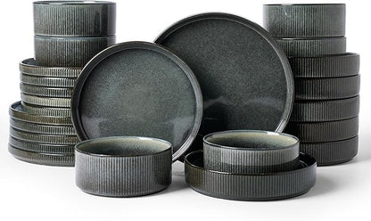 Famiware Star 24-Piece Stoneware Dinnerware Sets, Service for 6 - Shallow Pasta Bowls & Flat Plates, Modern Rustic Reactive Glaze Dishes, Chip/Scratch Resistant, Microwave/Dishwasher Safe, Deep Forest