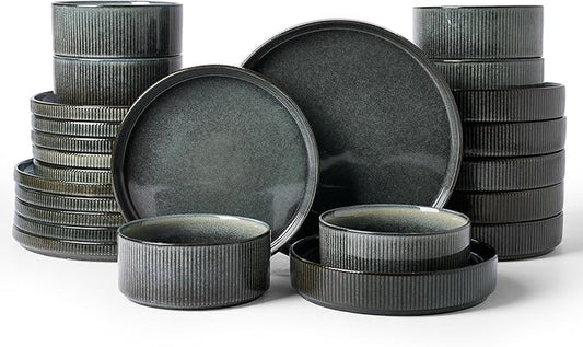 Famiware Star 24-Piece Stoneware Dinnerware Sets, Service for 6 - Shallow Pasta Bowls & Flat Plates, Modern Rustic Reactive Glaze Dishes, Chip/Scratch Resistant, Microwave/Dishwasher Safe, Deep Forest