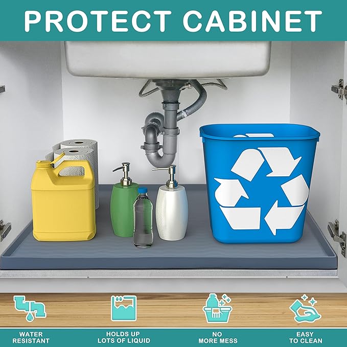 URMONA Waterproof Silicone Under Sink Mat 28'' x 22'' Shelf Liner for Kitchen and Bathroom, Cabinet and Counter Protector, Storage and Organizers, Litter Mat, Pet Cat Puppy Essentials(Navy)