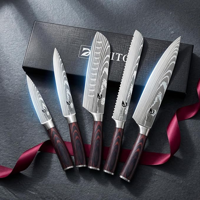 Dfito Kitchen Knife Set, 5 Pieces High Carbon Stainless Steel Chef Knife Set with Red Pakkawood Handle, Ultra Sharp Professional Chef Knives Sets for Home Cooking, Dishwasher Safe
