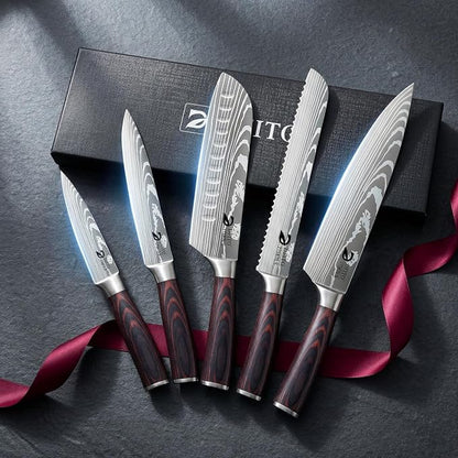 Dfito Kitchen Knife Set, 5 Pieces High Carbon Stainless Steel Chef Knife Set with Red Pakkawood Handle, Ultra Sharp Professional Chef Knives Sets for Home Cooking, Dishwasher Safe