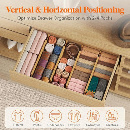 Lifewit 4" High 8 Pack Bamboo Drawer Dividers 43-54cm/17-21.5" Adjustable Wooden Drawer Organizer for Clothes/Utensils, Expandable Drawer Separator for Dresser/Kitchen/Bedroom/Office Organization