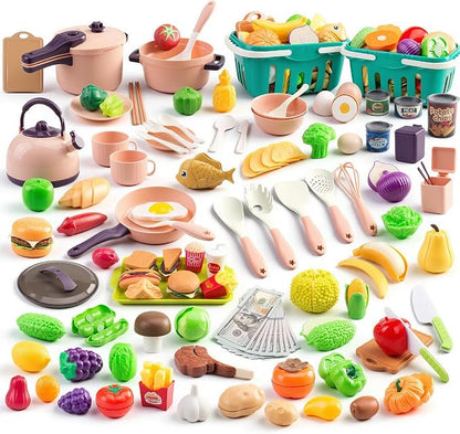 200Pcs Mini Play Kitchen Accessories for Kids, Pretend Cooking Playset with Cookware, Tableware & 2 Fruit Sets, Learning Gift for Girls, Boys, Toddlers, Pink