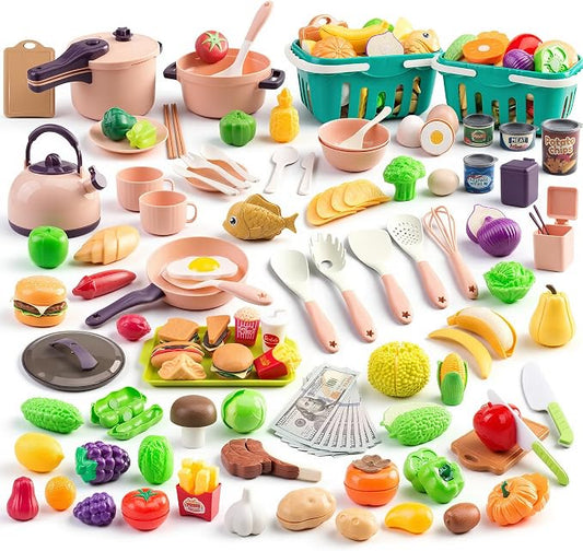 200Pcs Mini Play Kitchen Accessories for Kids, Pretend Cooking Playset with Cookware, Tableware & 2 Fruit Sets, Learning Gift for Girls, Boys, Toddlers, Pink