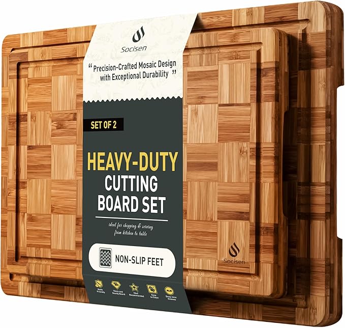 2 Pack Heavy Duty Bamboo Cutting Board Set Non Slip Over Sink Solid End Grain Thick Wood Chopping Board Extra Large Big Small Best Wooden Kitchen Essential New Home Housewarming Mother Gift