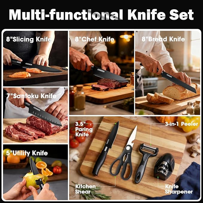 Knife Set, 10 Piece Kitchen Knife Set with Block and Sharpener, Anti-Rust Stainless Steel Knives Set for Kitchen, Chef Universal Knife Block Set, Dishwasher Safe, Ergonomical Design, Black