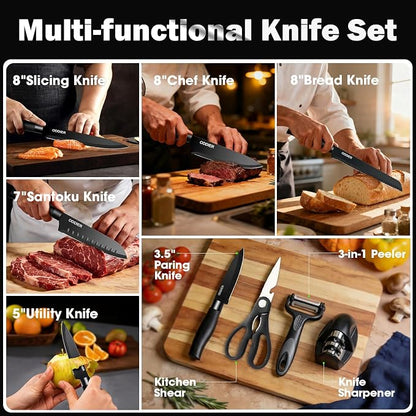 Knife Set, 10 Piece Kitchen Knife Set with Block and Sharpener, Anti-Rust Stainless Steel Knives Set for Kitchen, Chef Universal Knife Block Set, Dishwasher Safe, Ergonomical Design, White