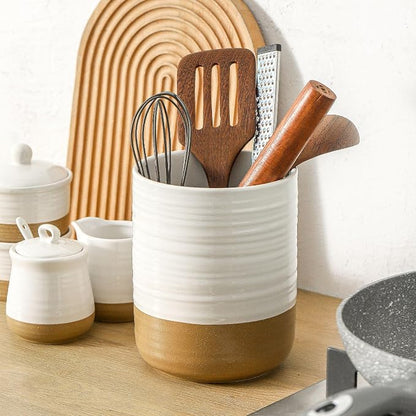 HASENSE Large Ceramic Utensil Holder, 7.4" Cooking Utensil Crock for Kitchen Counter, Utensil Organizer Caddy for Kitchen Utensil Set, Vintage Farmhouse Decor Gift, White