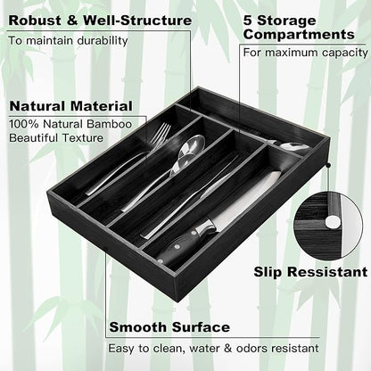 Silverware Organizer Bamboo Kitchen Drawer Organizer Utensil Organizer Silverware Holder Cutlery Organizer in drawer Flatware Organizer Tray (Black 5 Slots)