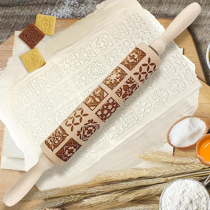Embossed Rolling Pin - 3D Wooden Engraved Christmas Square Deep Laser Engraved DIY Tool for Kids and Adults to Make Cookie Dough Crusts Pies Pastry
