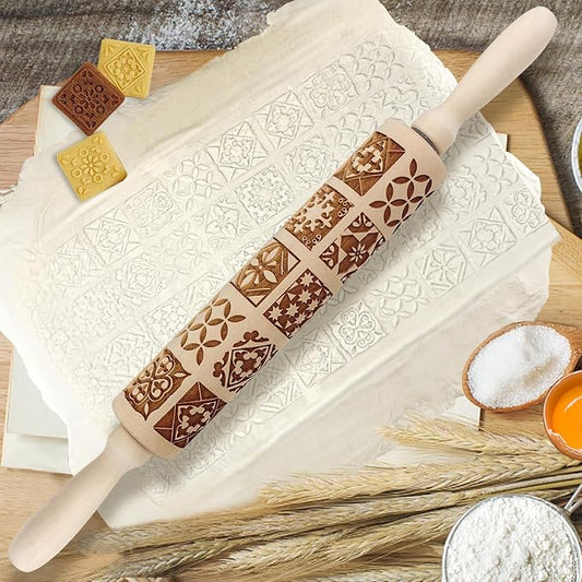 Embossed Rolling Pin - 3D Wooden Engraved Christmas Square Deep Laser Engraved DIY Tool for Kids and Adults to Make Cookie Dough Crusts Pies Pastry