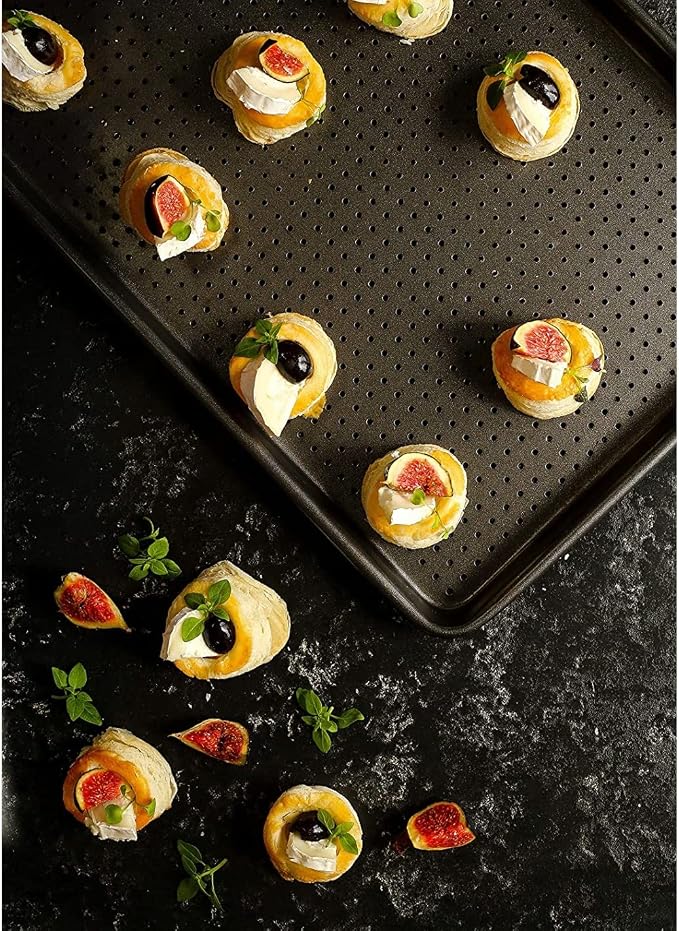 MasterClass Crusty Bake, Baking Tray with PTFE, PFOA and BPA Free Non Stick, Robust 1mm Thick Carbon Steel, Cookie Sheet, Perforated Holes for Ultimate Crisp, Ultra Double Layer, 39x27cm, Grey