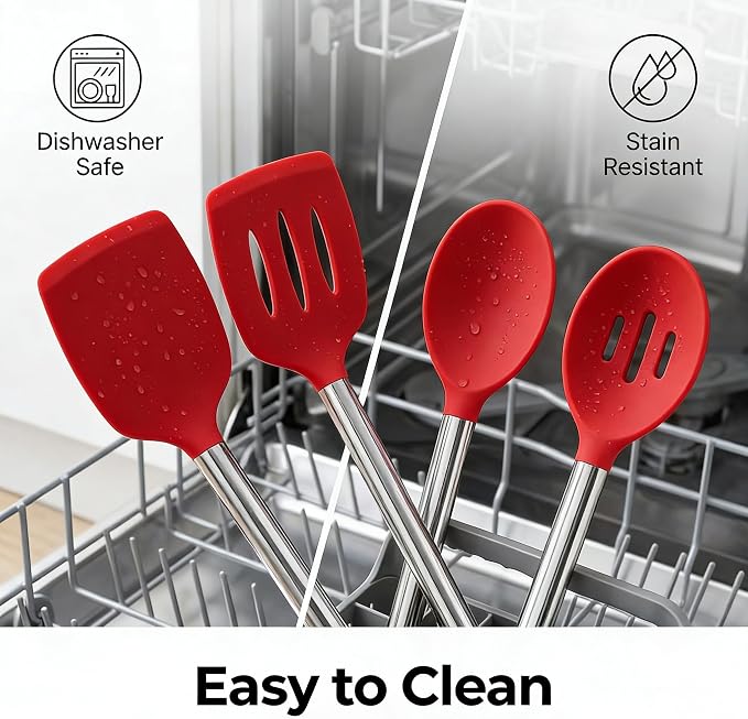 Vayvnt 4 PCS Silicone Kitchen Utensils, Large Cooking Utensils Set for Nonstick Cookware, Silicone Spatula Set Includes Spoons and Turners, Kitchen Essentials for Cooking, Dishwasher Safe, Red