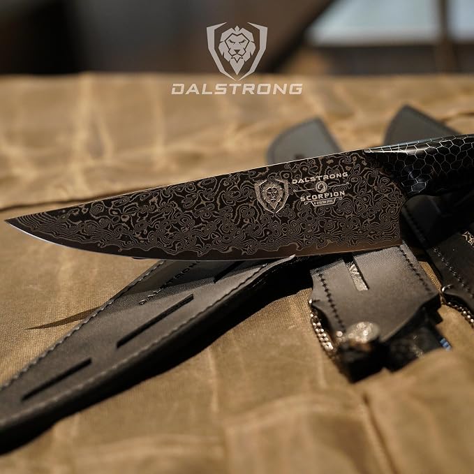 Dalstrong Chef Knife - 9.5 inch Blade - AUS-12V Exclusive Japanese Steel - Black Damascus Full Tang - Honeycomb Handle - Chef's Knife - Scorpion Series - Razor Sharp Kitchen - Leather Sheath