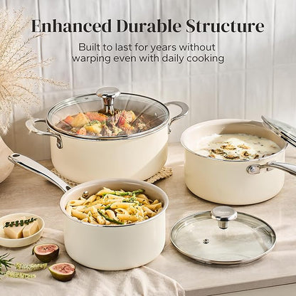 Redchef Stock Pot Set with Lid 5Qt, Ceramic Saucepan Set 2.5/3.5Qt, Induction Cooking Pot Set, Nonstick Cookware Set For Stoves, Even Heat, Stay-Cool Handle, Oven/Dishwasher Safe, PFAS Free (Beige)