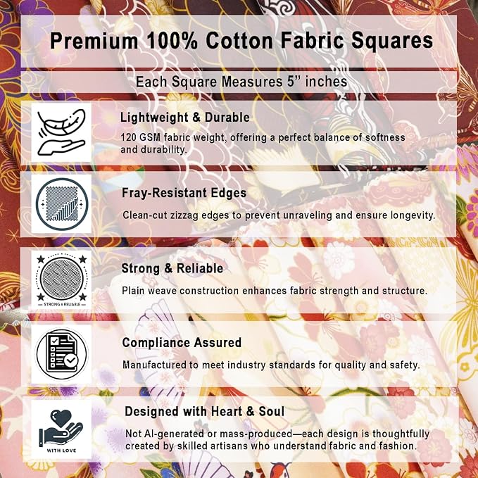 Soimoi 40 Pcs 5 x 5 inches Quilting Fabric Bundles Precut, DIY Cotton Fabric Squares, Printed Layer Cakes Patchwork Materials for Crafts Cloths Decor,Charm Squares for Quilts,Sewing- Japanese Elegance
