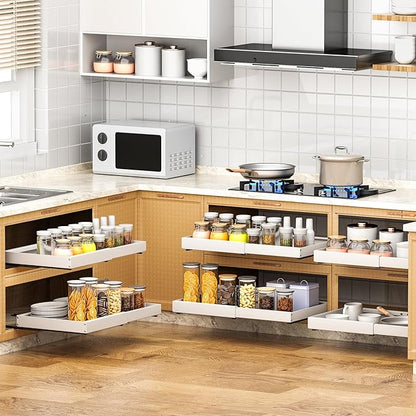 1 Pack Pull Out Cabinet Organizer Expandable,Adjustable 12-21 Inch Width Slide Out Drawer Shelves,Painted Carbon Steel with Heightening Pad,No Drill,for Kitchen/Bathroom/Pantry/Under Sink/Laundry Room