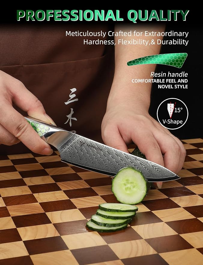5 inch Utility Knife, Japanese VG-10 Damascus Steel Kitchen Knife, Ultra Sharp Fruit Knife with Full-tang Handle in Green Resin, LA-S9 Series