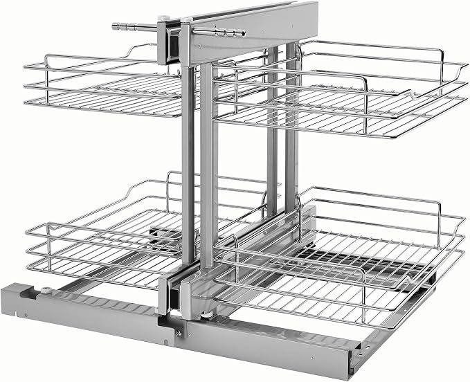 Rev-A-Shelf Chrome Two-Tier Wire Bottom Pullout Organizer for Blind Corner Base Kitchen Cabinets, Adjustable 4-Basket Storage System, Min Opening Width of 15", 5PSP-15-CR