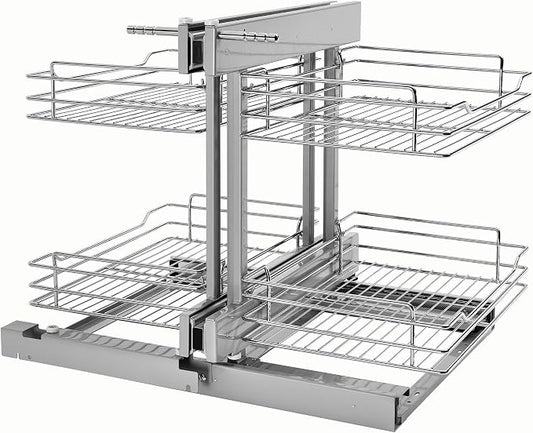 Rev-A-Shelf Chrome Two-Tier Wire Bottom Pullout Organizer for Blind Corner Base Kitchen Cabinets, Adjustable 4-Basket Storage System, Min Opening Width of 15", 5PSP-15-CR