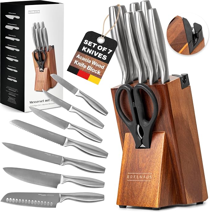 EDELHAUS Knife Set with Block, 9 pcs Kitchen Knife Block Set | Professional Knife Block with Sharpener & Scissors, Stainless Steel Kitchen Knife Set with Acacia Wood Block & Steel Handles