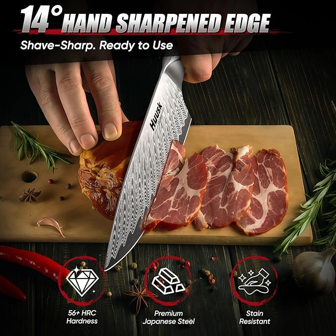 Huusk Japanese Chef Knife, 8" Stainless Kitchen Knife with Ergonomic Resin Handle & Sheath, Sharp Kitchen Knives Full Tang, Japanese High Carbon Steel Cooking Knifes, Fathers' Day Gift Idea for Dad