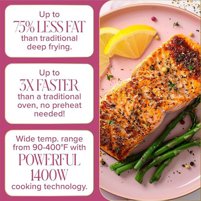 Paris Hilton 6-Quart Air Fryer, Nonstick Basket Made Without PFAS, Touchscreen, 8-in-1 (Fry, Roast, Broil, Bake, Reheat, Keep Warm, Pizza, Dehydrate), Dishwasher Safe Basket and Crisping Tray, White