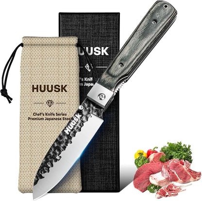 Huusk Japanese Folding Santoku Knife - Pocket Chef Knife with Hand Forged Blade - Portable Kitchen Knives for BBQ, Camping and Travel - Gift for Men and Women